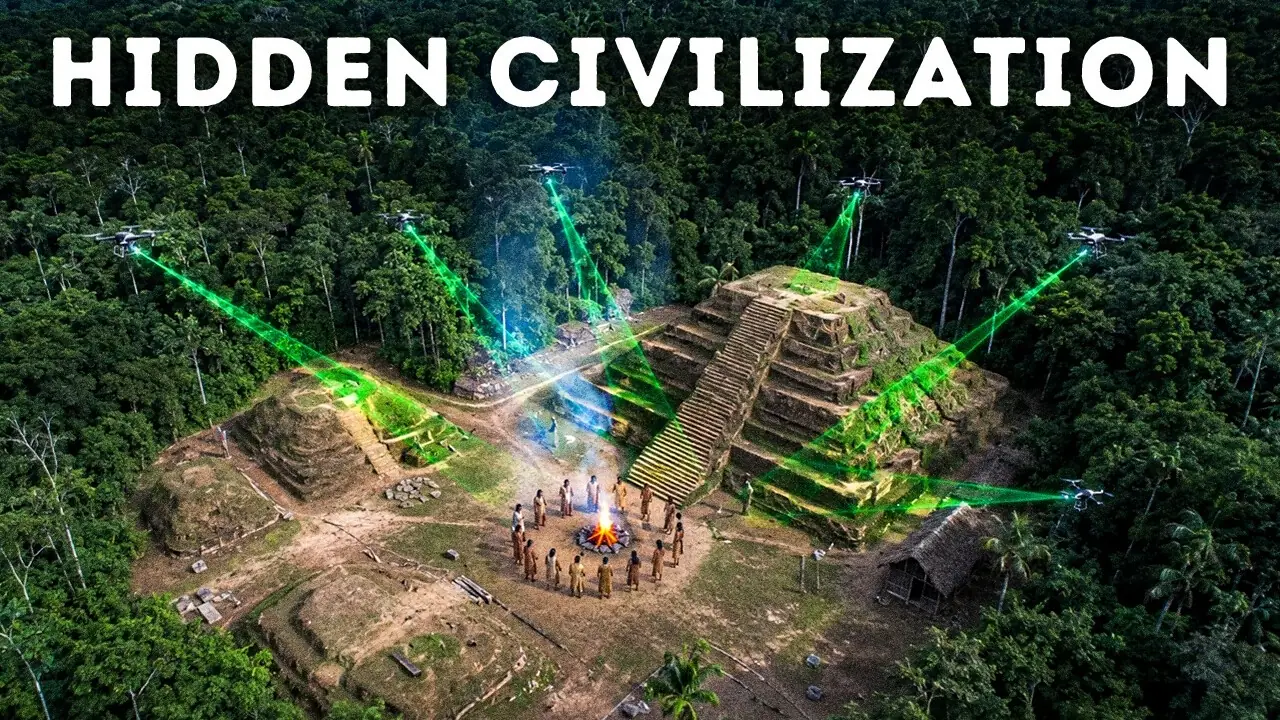 An AI-composited thumbnail with drone and jungle imagery, the visual style now common on automated mystery and history channels