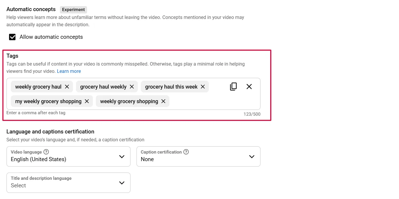 The hidden Tags field in YouTube Studio's More Options panel