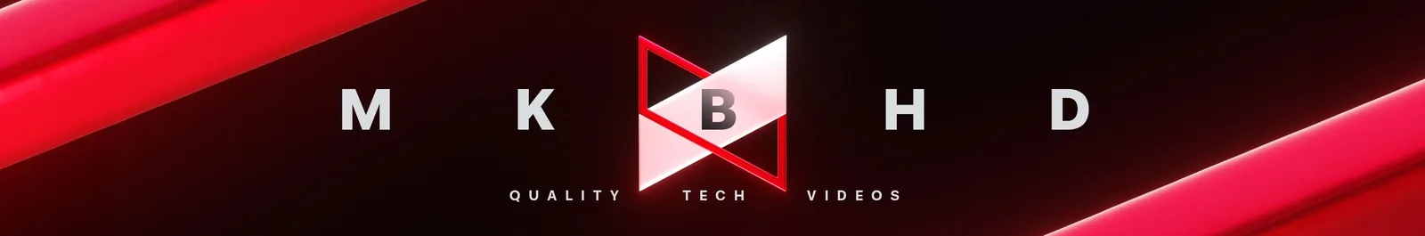 MKBHD's YouTube channel banner: bold centered typography with a triangular logo mark and the tagline Quality Tech Videos